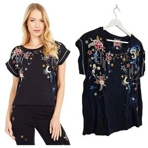Johnny Was Black Cyllene Embroidered T- Shirt size XS